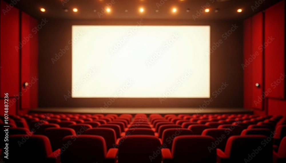 Obraz premium An empty cinema hall with rows of seats, a large white screen, and subtle lighting, ideal for advertising.