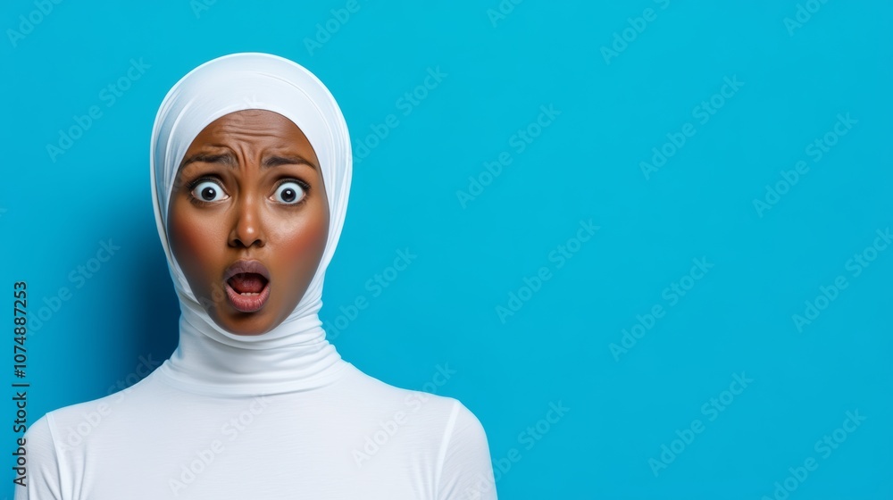 Woman wearing a white hijab is looking at the camera with a surprised expression. Concept of curiosity and wonder, as the woman's eyes widen and her mouth opens in surprise Woman wearing a white hijab is looking at the camera with a surprised expression. Concept of curiosity and wonder, as the woman's eyes widen and her mouth opens in surprise