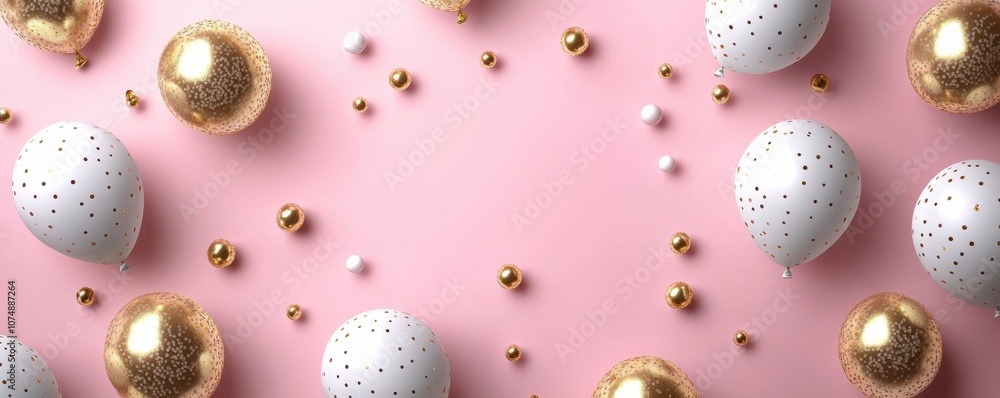 A festive arrangement of colorful balloons, golden accents, and decorative elements on a soft pink background, ideal for celebrations or parties. A festive arrangement of colorful balloons, golden accents, and decorative elements on a soft pink background, ideal for celebrations or parties.