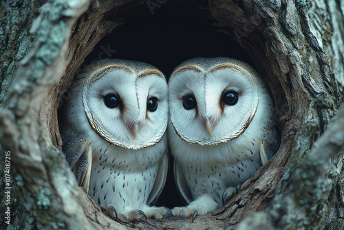 Romantic Christmas scene of two barn owls nestled in an oak, with a wide-angle composition and soft, harmonious lighting,