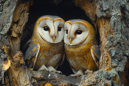 Romantic Christmas scene of two barn owls nestled in an oak, with a wide-angle composition and soft, harmonious lighting,