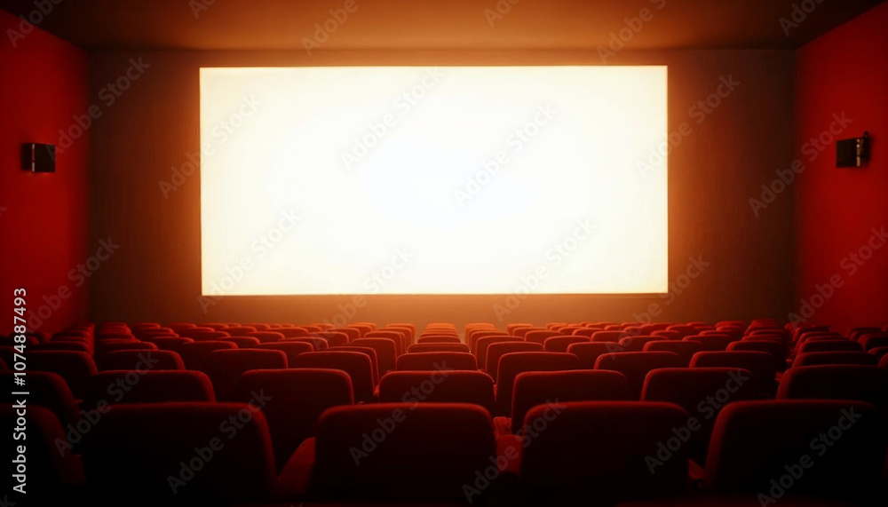 Fototapeta premium An empty cinema hall with rows of seats, a large white screen, and subtle lighting, ideal for advertising.