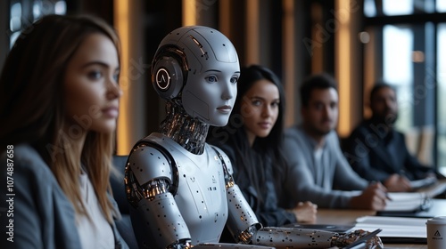 AI-powered humanoid robot engaged in a corporate meeting with diverse team members, symbolizing AI governance, ethics in artificial intelligence, and future collaboration in technology.