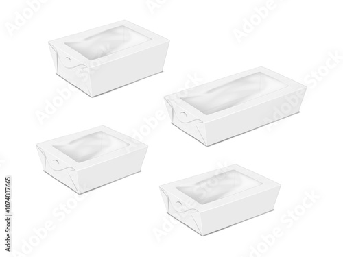 Paperboard takeout food box with clear plastic window. 3d mockup set. White blank paper take away transparent lid salad container. Realistic vector mock-up. Take out lunch package. Template for design