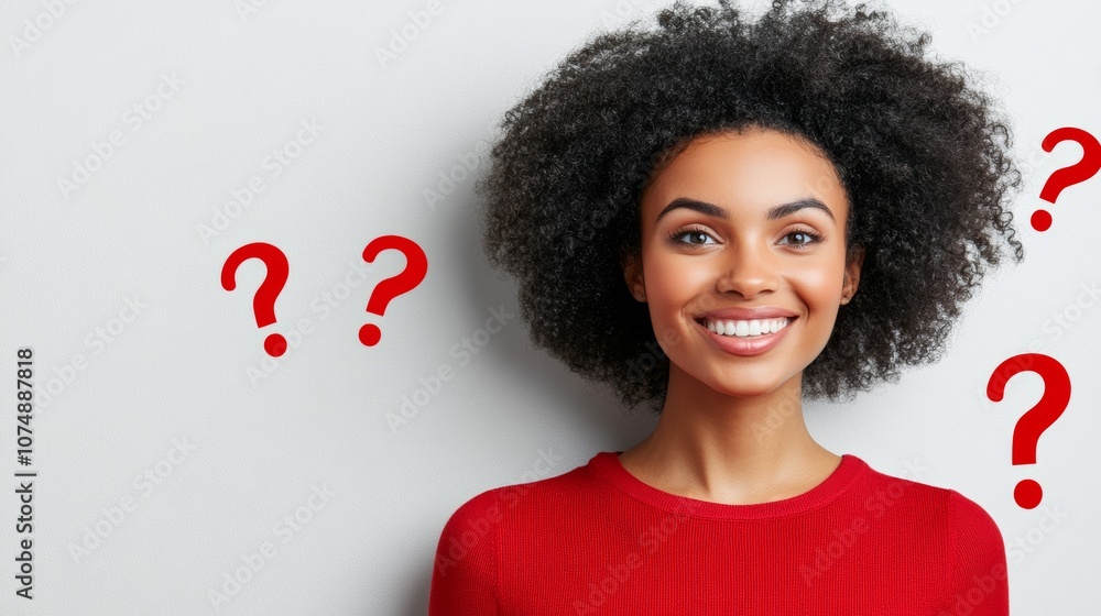 Woman with red hair and a red shirt is smiling and looking at the camera. The image has a question mark on the wall behind her Woman with red hair and a red shirt is smiling and looking at the camera. The image has a question mark on the wall behind her