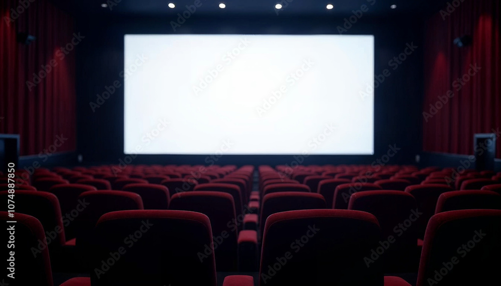 An empty cinema hall with rows of seats, a large white screen, and subtle lighting, ideal for advertising.
An empty cinema hall with rows of seats, a large white screen, and subtle lighting, ideal for advertising.