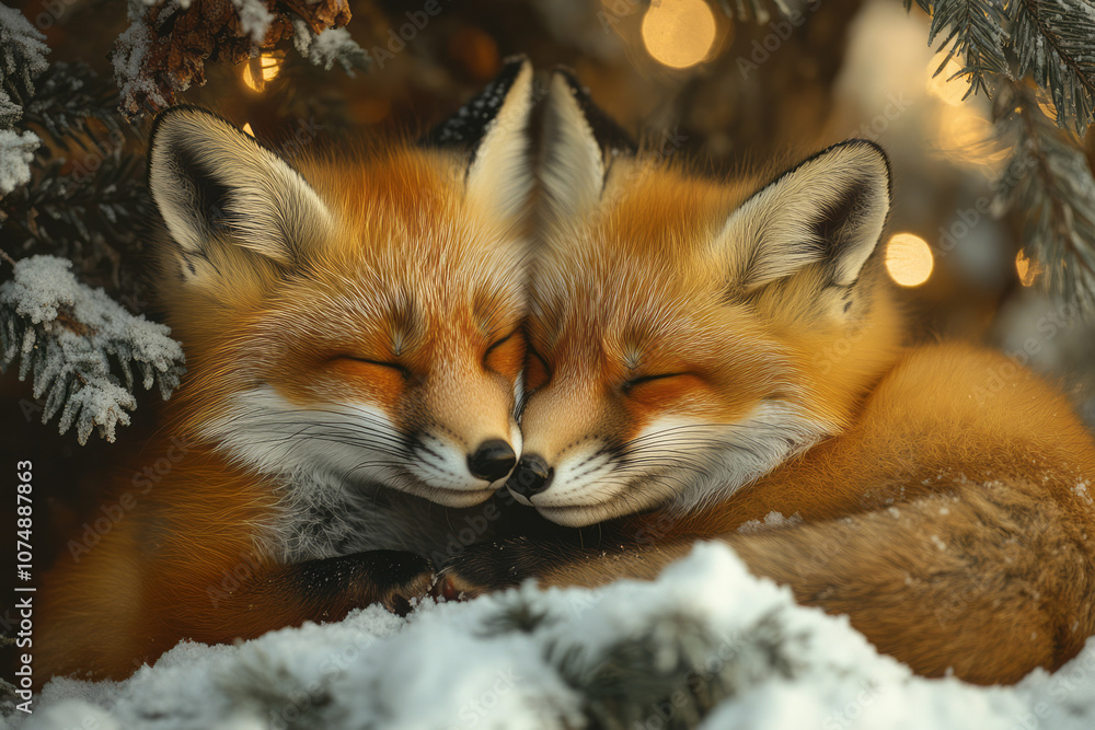 Fototapeta premium Beautiful wide-angle Christmas image of two foxes in an oak, gently touching heads in soft, warm light with cozy holiday colors,