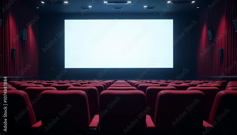An empty cinema hall with rows of seats, a large white screen, and subtle lighting, ideal for advertising.
An empty cinema hall with rows of seats, a large white screen, and subtle lighting, ideal for advertising.