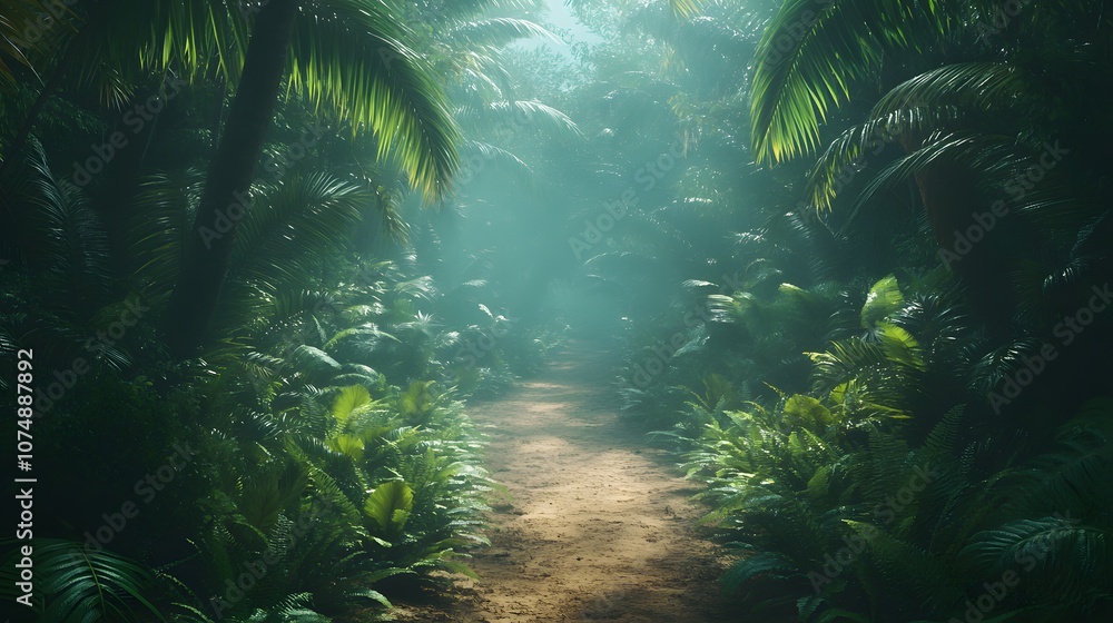 Fototapeta premium Winding dirt trail through dense&nbsp;tropical rainforest with palm trees and ferns, featuring misty atmosphere and natural sunlight filtering through canopy.