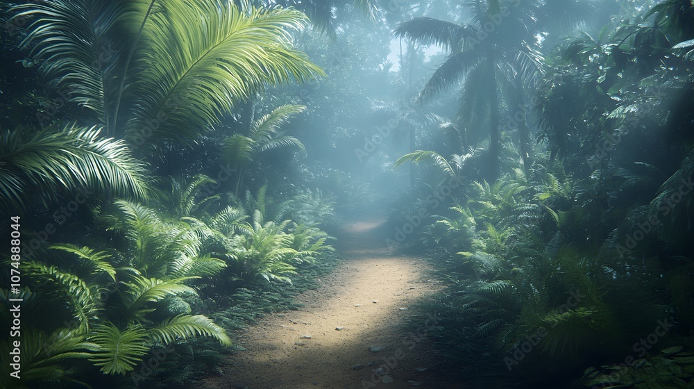 Winding dirt trail through dense tropical rainforest with palm trees and ferns, featuring misty atmosphere and natural sunlight filtering through canopy. Winding dirt trail through dense tropical rainforest with palm trees and ferns, featuring misty atmosphere and natural sunlight filtering through canopy.