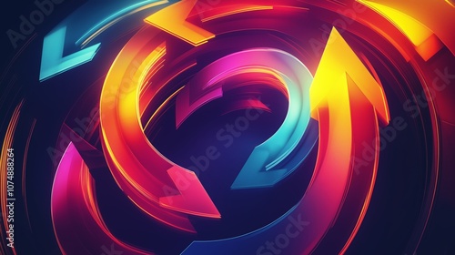 Colorful rotating arrows representing trend reversal and stock market cycles, symbolizing concepts of growth, decline, and economic cycles in a dynamic abstract design.