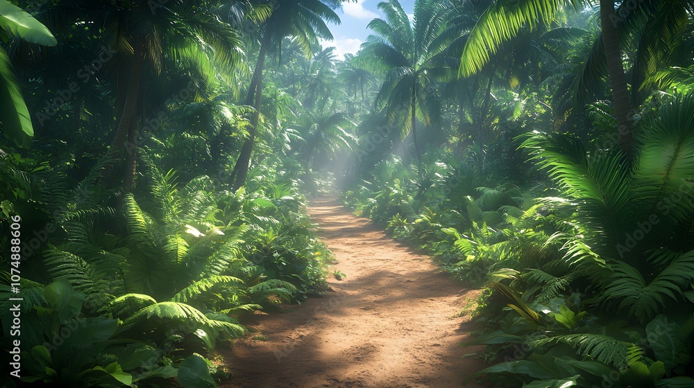 Winding dirt trail through dense tropical rainforest with palm trees and ferns, featuring misty atmosphere and natural sunlight filtering through canopy. Winding dirt trail through dense tropical rainforest with palm trees and ferns, featuring misty atmosphere and natural sunlight filtering through canopy.