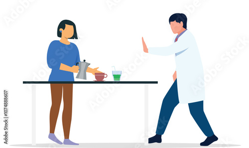 Doctor stop patient not to making tea for health hazard and hazardous food safety forbidding to eat, forbidding to drink doctor's prohibit to drink.Doctor advising patient to avoid drinking tea.