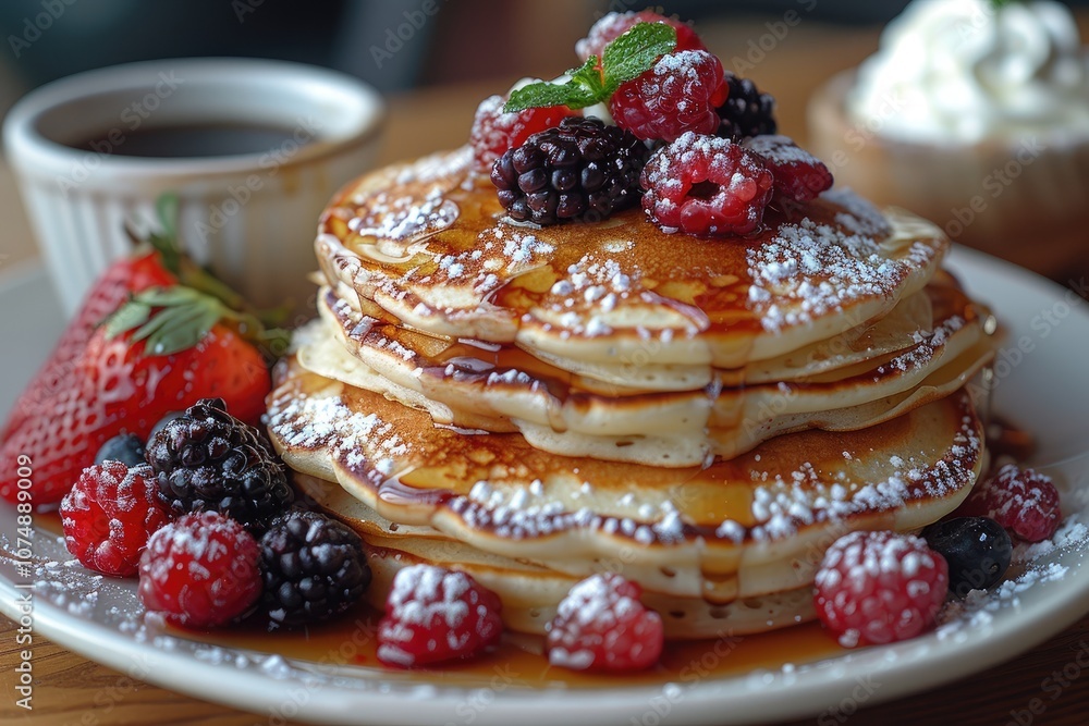 A Stack of Pancakes Topped with Berries, Syrup, and Powdered Sugar A Stack of Pancakes Topped with Berries, Syrup, and Powdered Sugar