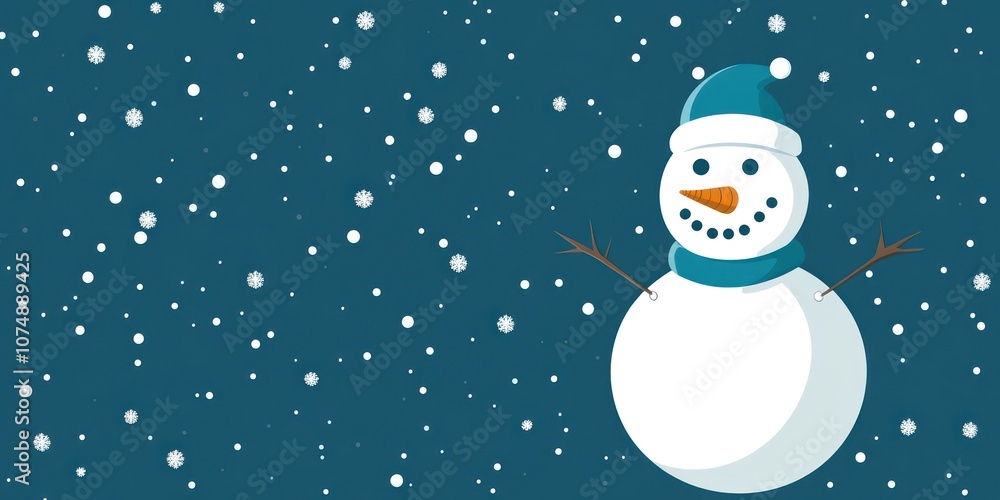 Fototapeta premium A cheerful snowman in a snowy backdrop, evoking a festive winter atmosphere.