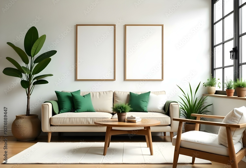 A modern living room with a beige sofa, green and white throw pillows, a wooden coffee table, and two empty frames on the wall. A modern living room with a beige sofa, green and white throw pillows, a wooden coffee table, and two empty frames on the wall.
