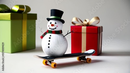 A snowman on a skateboard with a green gift box in the background, Snowman christmas, Christmas Card, holiday gifts, banner, template, creatd with generative ai	 photo