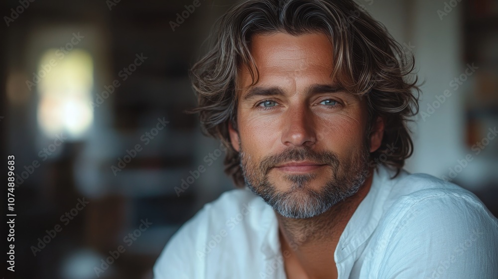 handsome caucasian man 40 years old with shoulder-length hair wearing white shirt at home handsome caucasian man 40 years old with shoulder-length hair wearing white shirt at home
