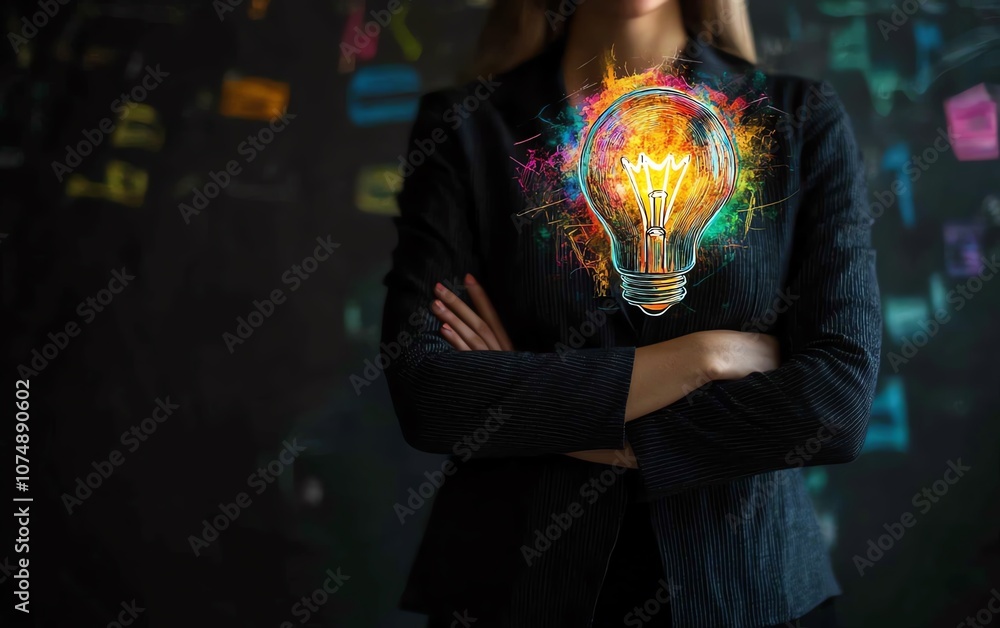 Fototapeta premium Creative businesswoman standing with crossed arms, colorful lightbulb sketch glowing above, symbolizing new ideas and innovation