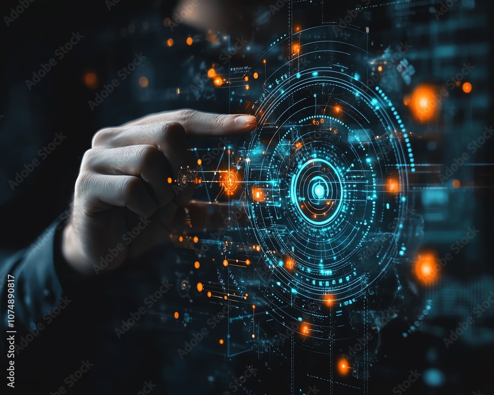 Digital business concept with a businessman interacting with gears, target, and growth icons, symbolizing innovation and success Digital business concept with a businessman interacting with gears, target, and growth icons, symbolizing innovation and success