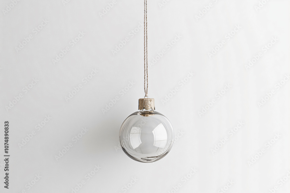 Simple, transparent Christmas bauble is hanging from a string, creating a minimalist holiday decoration Simple, transparent Christmas bauble is hanging from a string, creating a minimalist holiday decoration