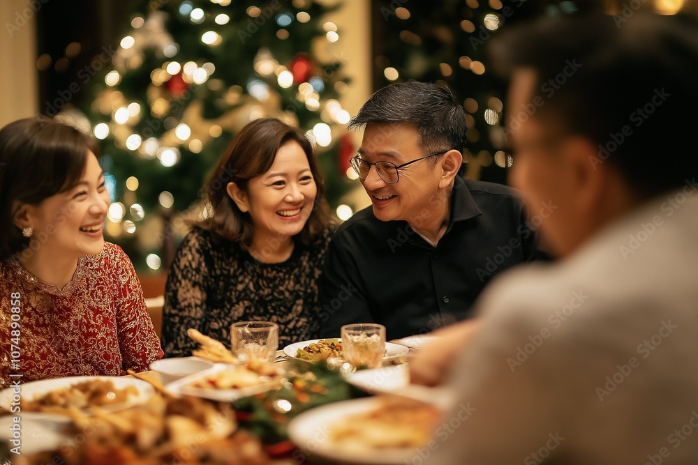 Christmas celebration, party, New Year, Happy Asian friends and family members together sitting at the table concept, tasty dishes, meals, smiling, talking to each other, cozy background. Christmas celebration, party, New Year, Happy Asian friends and family members together sitting at the table concept, tasty dishes, meals, smiling, talking to each other, cozy background.