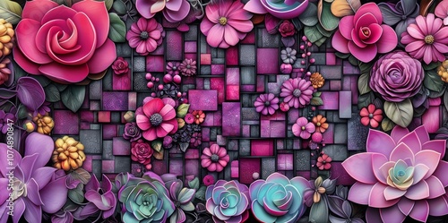 beautiful background with geometrical forms and flowers, main colors are pink, violet and purple
