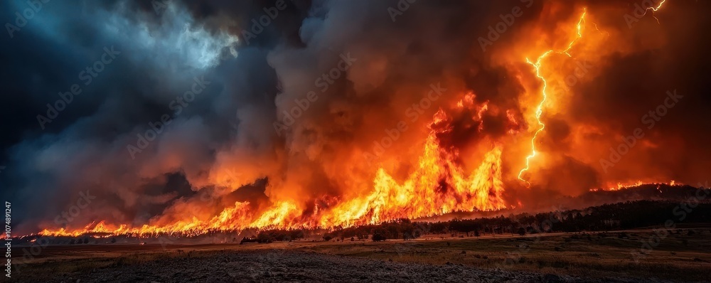 A dramatic scene of a wildfire engulfing the landscape, with towering flames and dark smoke swirling against a stormy sky. A dramatic scene of a wildfire engulfing the landscape, with towering flames and dark smoke swirling against a stormy sky.