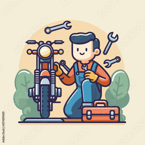 Mechanic is repairing the motorcycle vector Art & Illustration