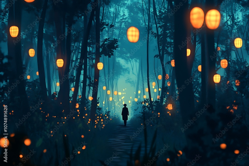 Silhouette of a Person Walking Through a Forest Lit by Lanterns Silhouette of a Person Walking Through a Forest Lit by Lanterns