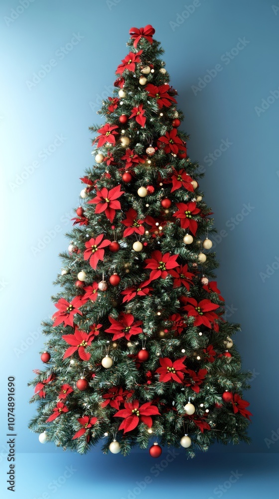 A decorated Christmas tree with red poinsettias and ornaments against a blue wall. A decorated Christmas tree with red poinsettias and ornaments against a blue wall.