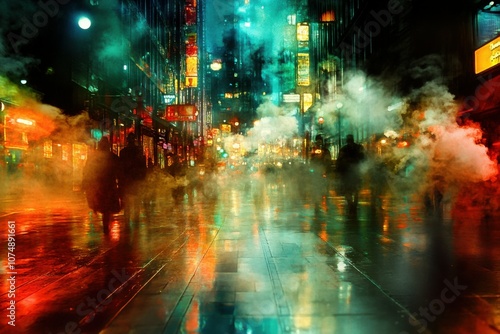 Slick street surface mirroring vibrant city lights and swirling smoke, surrounded by shadowy silhouettes of tall buildings, evoking a sense of urban mystery