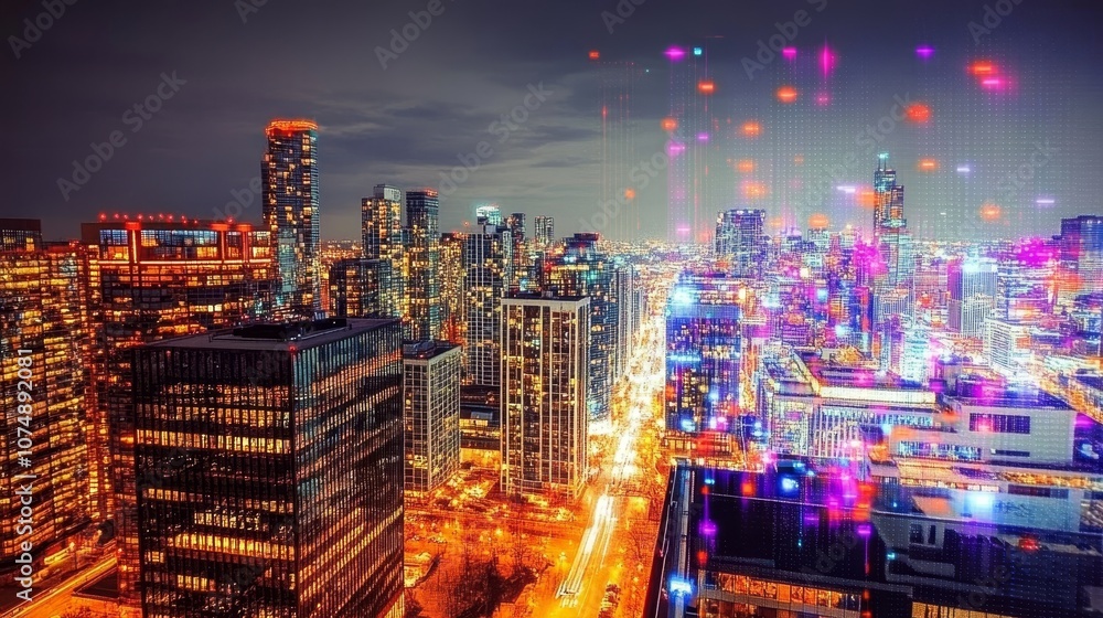 Illuminated Cityscape With Network Connections At Night, Digital Transformation Concept Illuminated Cityscape With Network Connections At Night, Digital Transformation Concept