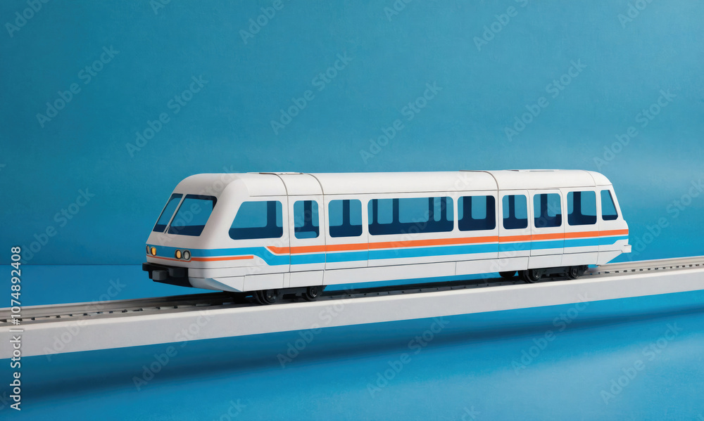 A white train with blue and orange stripes travels along a track against a blue background A white train with blue and orange stripes travels along a track against a blue background