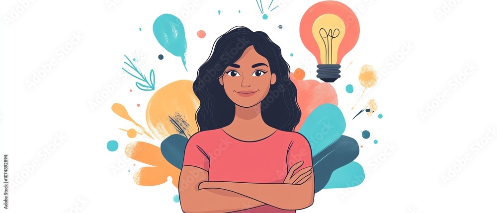 Thoughtful woman with crossed arms, colorful lightbulb sketch above, illustrating the power of creative thinking and fresh ideas Thoughtful woman with crossed arms, colorful lightbulb sketch above, illustrating the power of creative thinking and fresh ideas