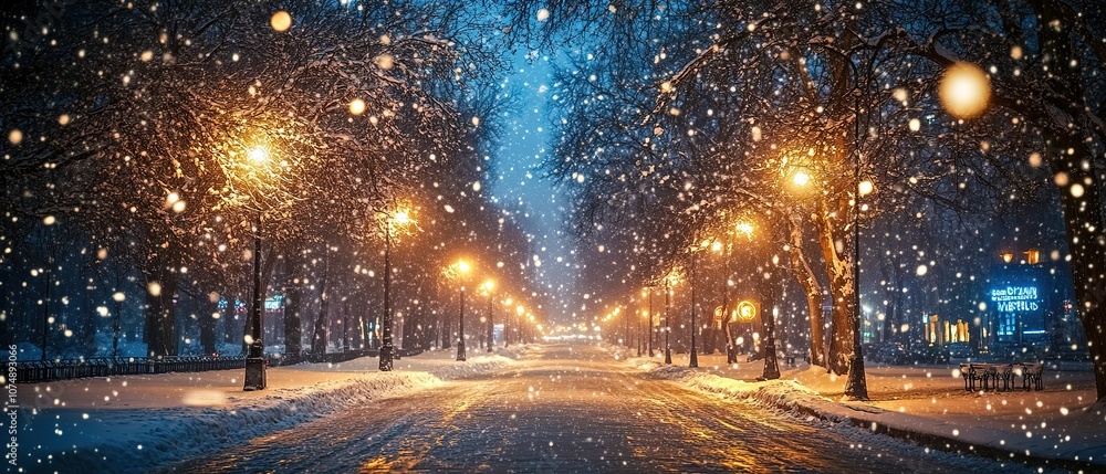 A snowy evening stroll along a quiet, lamppost-lit street in a city park during winter's enchanting embrace A snowy evening stroll along a quiet, lamppost-lit street in a city park during winter's enchanting embrace