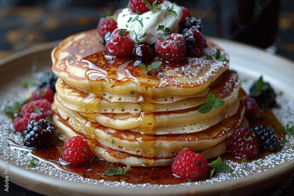 A Stack of Buttery Pancakes Topped with Whipped Cream, Raspberries, and Blackberries A Stack of Buttery Pancakes Topped with Whipped Cream, Raspberries, and Blackberries