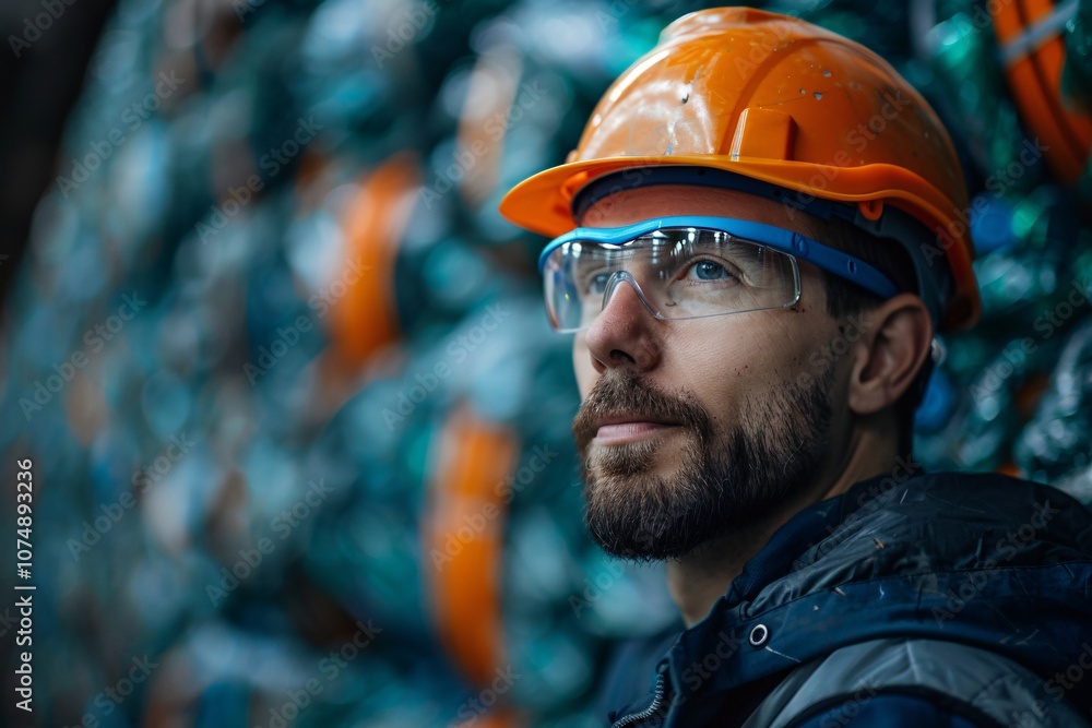 A skilled worker in an orange hard hat and protective glasses watches over the recycling facility, reflecting on the importance of sustainability. The backdrop shows bales of sorted materials A skilled worker in an orange hard hat and protective glasses watches over the recycling facility, reflecting on the importance of sustainability. The backdrop shows bales of sorted materials
