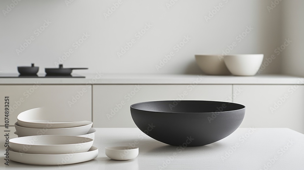 Minimalist Kitchen Interior with Stacked Bowls and Black Serving Bowl Minimalist Kitchen Interior with Stacked Bowls and Black Serving Bowl