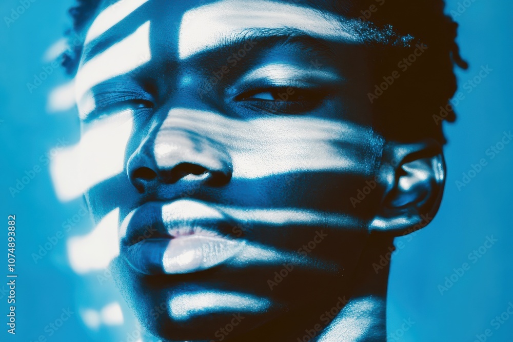 Artistic close up portrait of a person with dramatic blue shadows cast across their face, creating a striking visual effect. Artistic close up portrait of a person with dramatic blue shadows cast across their face, creating a striking visual effect.