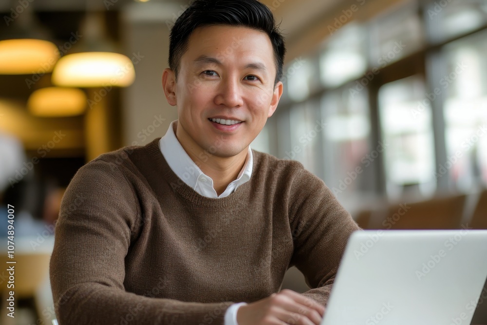 Smiling Asian Man Working on Laptop in modern office, exuding confidence and professionalism. Smiling Asian Man Working on Laptop in modern office, exuding confidence and professionalism.