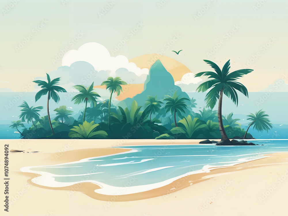 Generated cartoon conceptual illustration of a small island, coast, beach, and the open sea ocean. Generated cartoon conceptual illustration of a small island, coast, beach, and the open sea ocean.