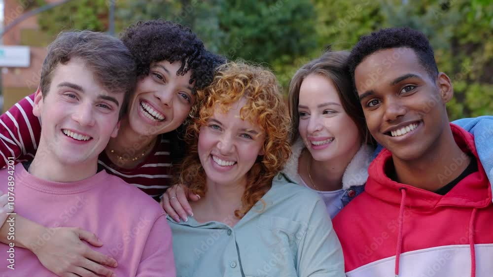 Portrait group of happy young gen z friends smiling at camera outdoor. Millennial diverse people relaxing together over urban background. Friendship and youth lifestyle concept. Portrait group of happy young gen z friends smiling at camera outdoor. Millennial diverse people relaxing together over urban background. Friendship and youth lifestyle concept.