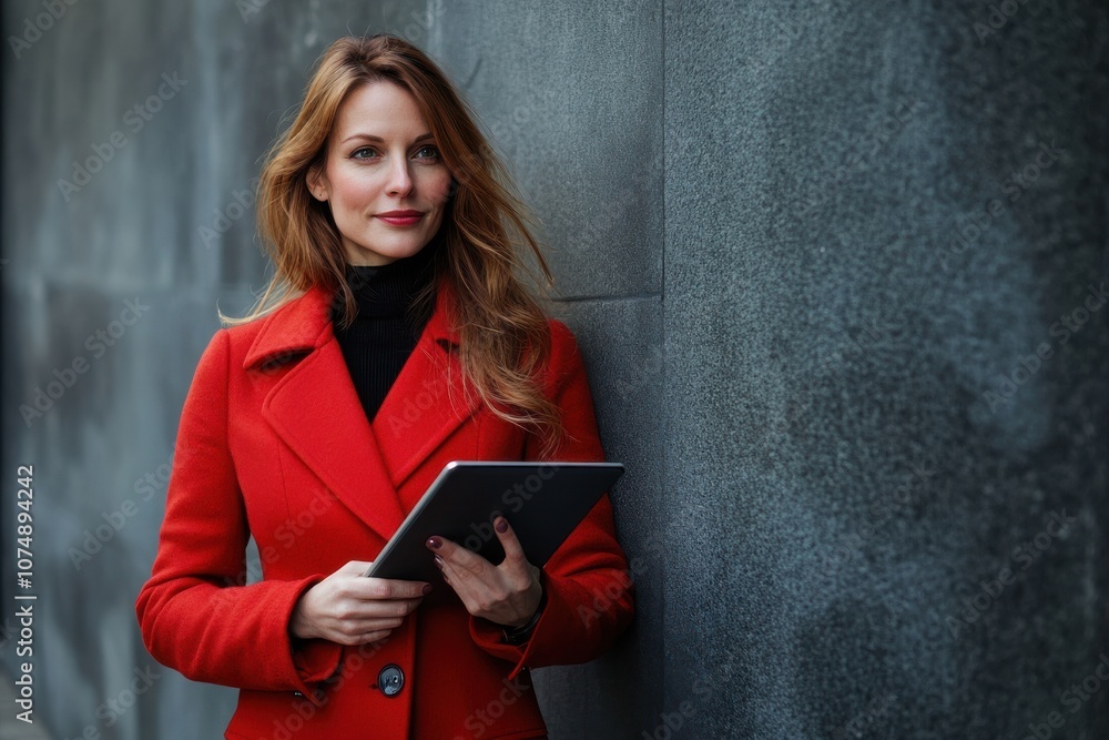 Confident Woman in Red Coat with Tablet Outdoors, looking confident and posing against wall. Confident Woman in Red Coat with Tablet Outdoors, looking confident and posing against wall.