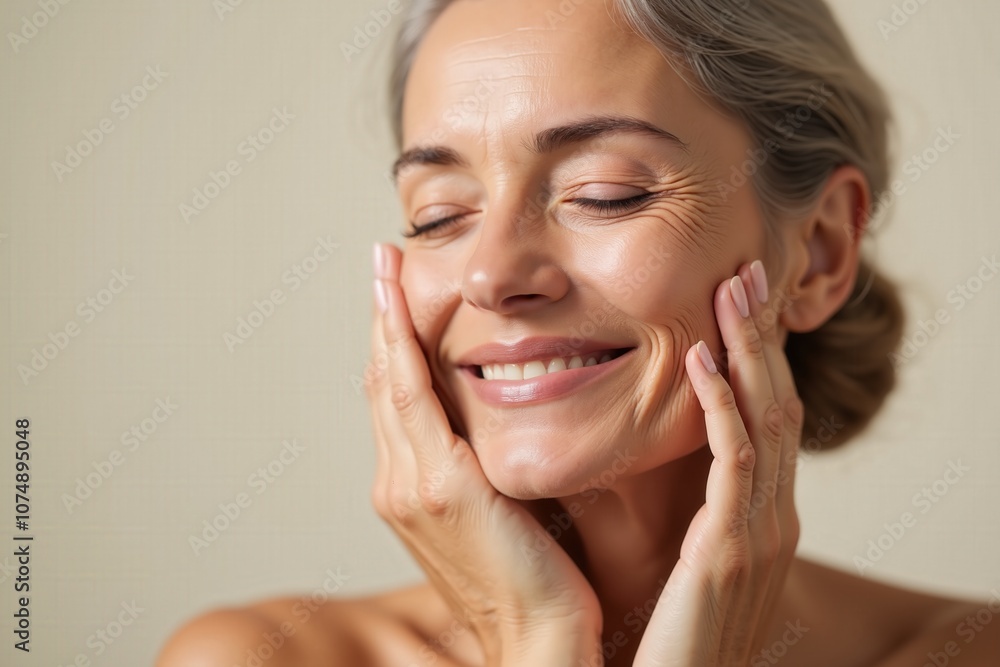 Joyful mature woman embracing natural beauty with radiant smile and closed eyes Joyful mature woman embracing natural beauty with radiant smile and closed eyes