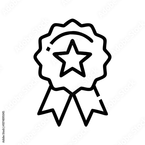 A simple black and white graphic design featuring a rosette badge with a star at its center, symbolizing achievement, excellence, or award recognition