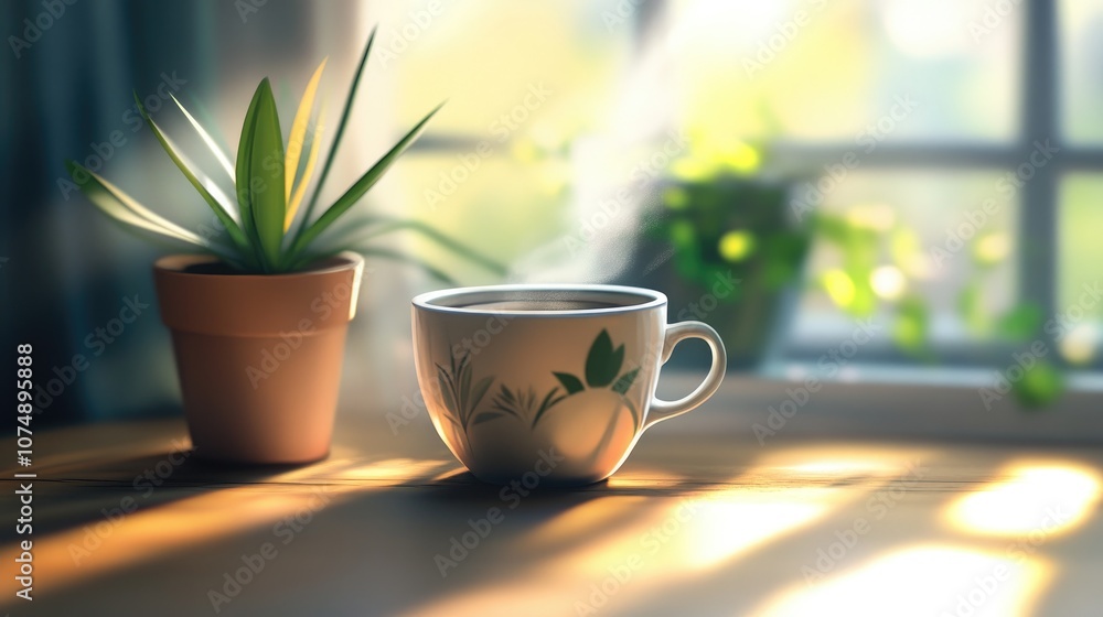 Hot Coffee Cup with Rising Steam and Small Green Plant in Warm Morning Light Hot Coffee Cup with Rising Steam and Small Green Plant in Warm Morning Light