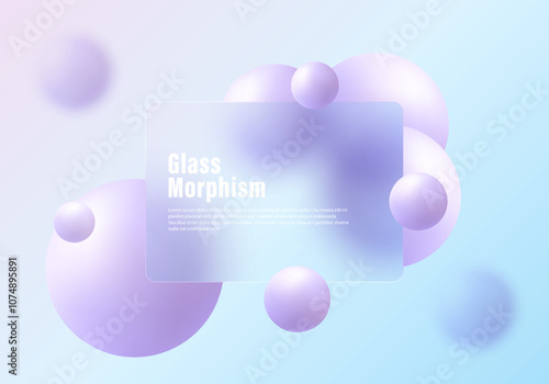 Glass morphism website landing page template. Frosted glass partition with floating spheres.