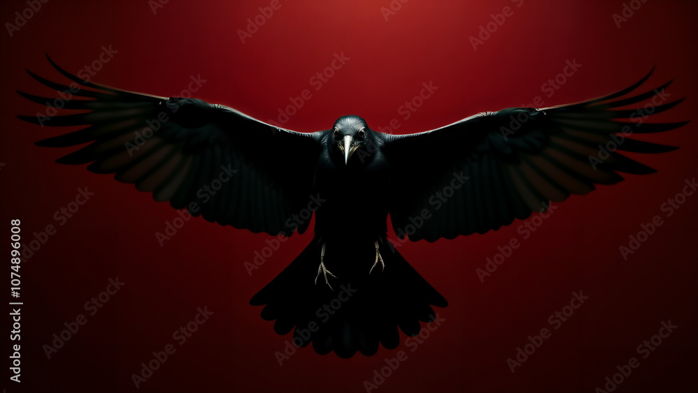 Fototapeta premium Dynamic Image of a Flying Crow with Spread Wings Against an Intense Background for Impactful Wallpaper