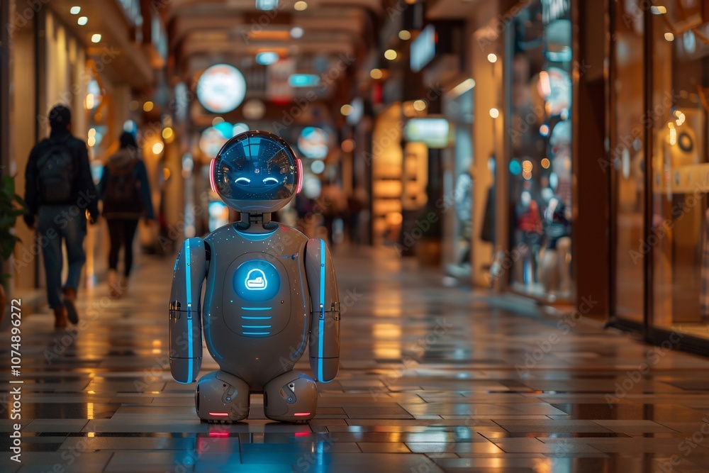 A friendly robot assistant stands in a bustling shopping mall, glowing softly as shoppers pass by in the evening. The vibrant environment showcases modern technology blending with retail A friendly robot assistant stands in a bustling shopping mall, glowing softly as shoppers pass by in the evening. The vibrant environment showcases modern technology blending with retail